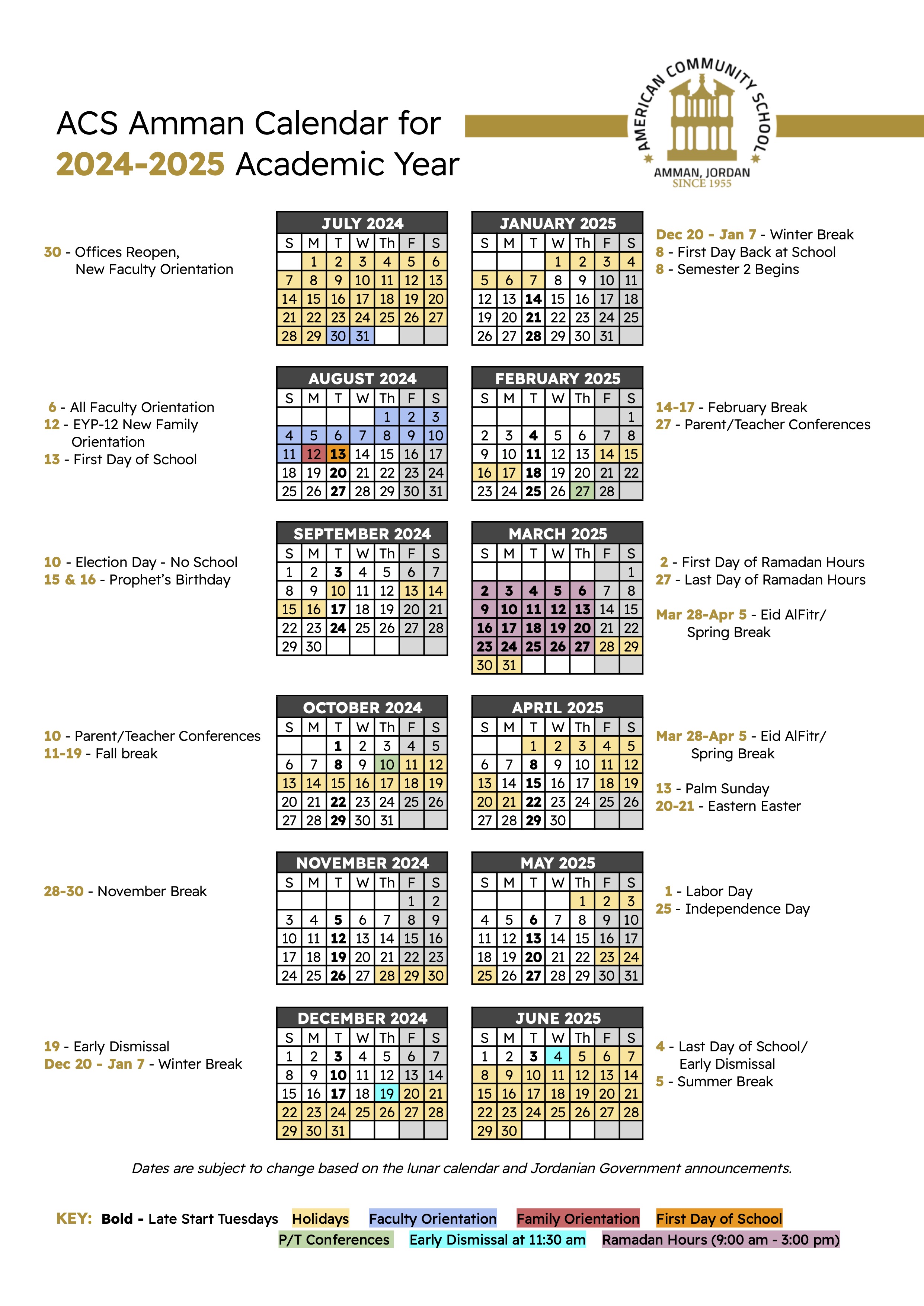 2425 School Year Calendar American Community School Amman